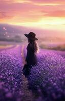 lavanda campos a puesta de sol con un solitario figura debajo un árbol en un sereno paisaje foto