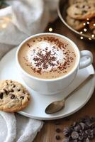 Warm coffee with artistic foam pattern and chocolate chip cookies on a cozy table photo