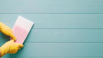 Cleaning a blue wall with a sponge and yellow glove during a home improvement project photo