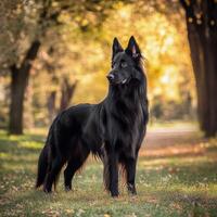Black dog stands proudly in a park surrounded by golden autumn trees during daylight photo