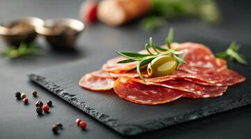 Delicious assortment of cured meats and olives on a slate platter for casual dining photo