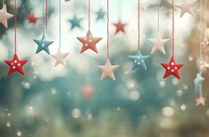 Decorative hanging stars in red, white, and blue against a soft background photo