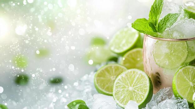 Freshly cut limes with ice and mint garnish ready for a refreshing beverage experience photo