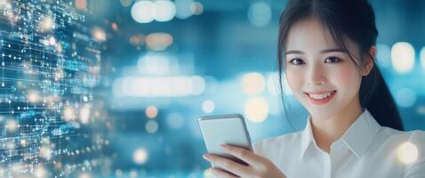 Young woman smiles while using tablet in bright modern setting during daytime activities photo