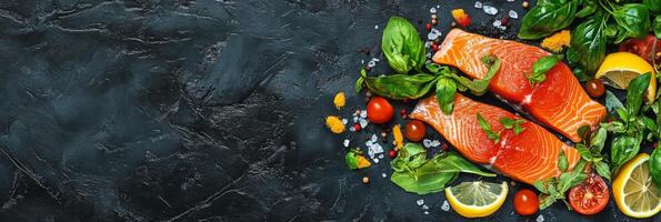 Fresh salmon fillets garnished with herbs and citrus on a dark textured surface photo