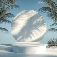 Modern display platform surrounded by tropical leaves and soft shadows in a light blue setting photo