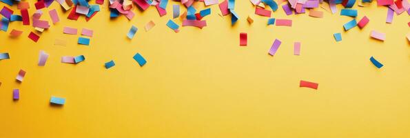 Colorful confetti scattered on bright yellow background for celebration and festivities photo