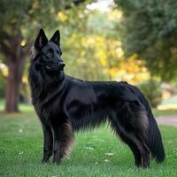 Black dog stands proudly in a park surrounded by golden autumn trees during daylight photo