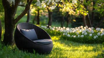Quiet garden chair surrounded by blooming flowers and lush greenery in sunlight photo