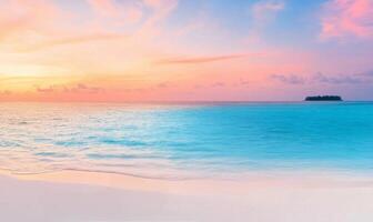 Serenity of twilight over a tranquil beach with pastel skies and gentle waves photo