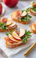 Delicious apple and arugula toast with ham on crisp bread for a healthy snack option photo
