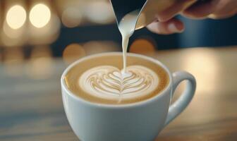 Skilled barista pouring latte art into a white cup in a cozy cafe setting photo
