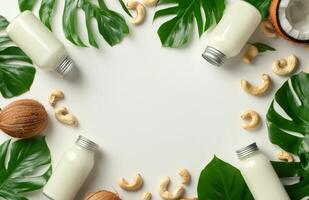 Creative arrangement of coconut products including milk and nuts with green leaves photo