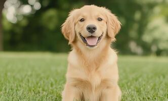 Happy golden retriever enjoying a sunny day in the park with a friendly expression photo