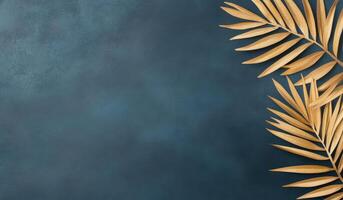 Dark textured background with golden and green palm leaves arranged artistically photo