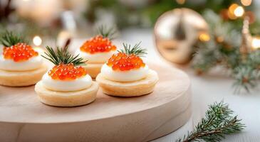 Delicate pastry cups filled with cream and topped with fish roe and herbs for a festive occasion photo