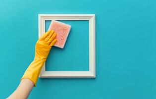 Cleaning a picture frame with a sponge against a bright blue background shows domestic upkeep photo