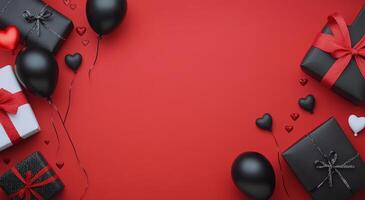 Festive decorations with black and red balloons, hearts, and gift boxes for a special occasion photo