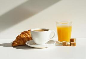 Enjoying a morning coffee with a croissant and fresh orange juice on a bright table photo