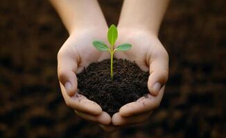 Hands holding a young plant in rich soil during daylight at a gardening location photo