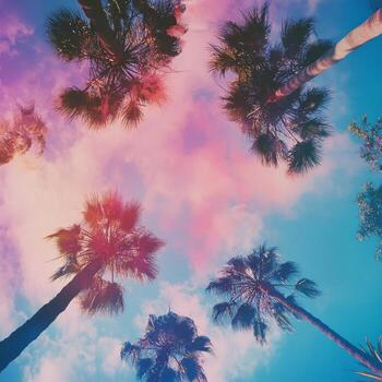 Vibrant sky with palm trees and colorful clouds during sunset in tropical location photo