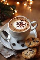 Warm coffee with artistic foam pattern and chocolate chip cookies on a cozy table photo