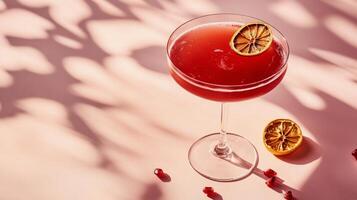 Bright red cocktail garnished with dried lime on a light pink surface with shadows photo