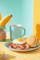 A hearty breakfast plate with fried egg, bacon, and sausage served on a colorful table photo
