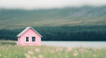 A small pink house surrounded by green grass near a serene lake with mountains in the background photo
