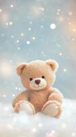 Soft teddy bear sitting on fluffy clouds with blue background during a serene moment photo