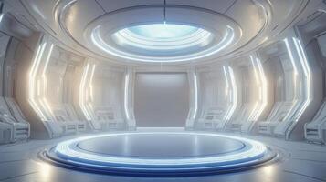 Bright and modern circular interior space with white walls and ambient light in a futuristic setting photo