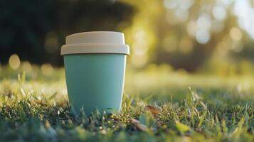 Coffee cup resting on green grass in a sunny park during a warm afternoon photo