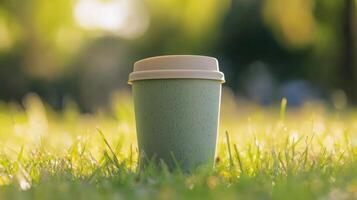 Coffee cup resting on green grass in a sunny park during a warm afternoon photo