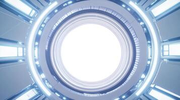 Bright and modern circular interior space with white walls and ambient light in a futuristic setting photo