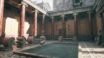 Ancient Roman courtyard featuring marble columns and a serene pool area video