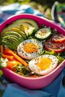 Healthy salad bowl with fresh vegetables and poached eggs on a sunny day picnic setting photo