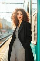 Woman walking on train platform during sunset in a bustling urban area photo