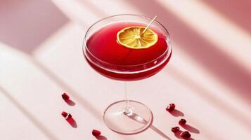 Bright red cocktail garnished with dried lime on a light pink surface with shadows photo