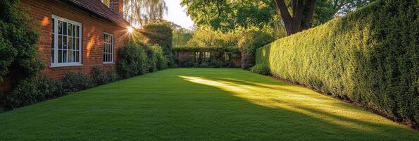 A serene garden with lush green grass and well trimmed hedges in the afternoon sunlight photo