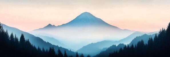 Serene sunrise over mountains with a distant peak and misty valleys at dawn photo