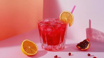 Bright red cocktail garnished with dried lime on a light pink surface with shadows photo