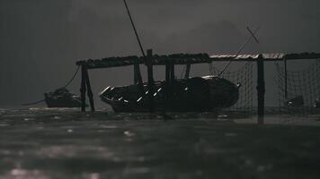 Dark waters reflect a weathered fishing dock in quiet surroundings at dusk video