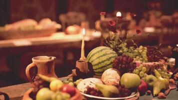 A vibrant assortment of food and drinks arranged beautifully on a rustic table video