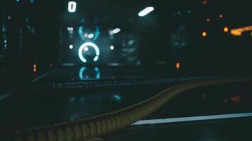 Laboratory setting with futuristic technology and glowing elements at night video