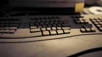 detalhado Visão do uma empoeirado computador teclado em uma confuso escrivaninha às noite video