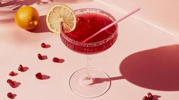 Bright red cocktail garnished with dried lime on a light pink surface with shadows photo