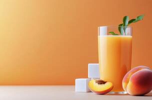 Refreshing peach juice served in a glass with fresh fruit and sugar cubes on a light background photo