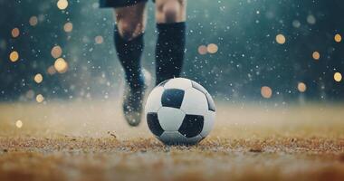 Player kicks a soccer ball on a rainy day in an outdoor field during a training session photo