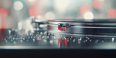 Captivating vinyl record spinning on a turntable with blue bokeh lights in the background photo