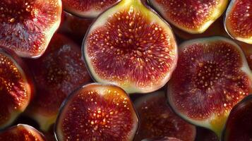 Freshly sliced ripe figs showcasing vibrant colors and unique textures on a wooden surface photo